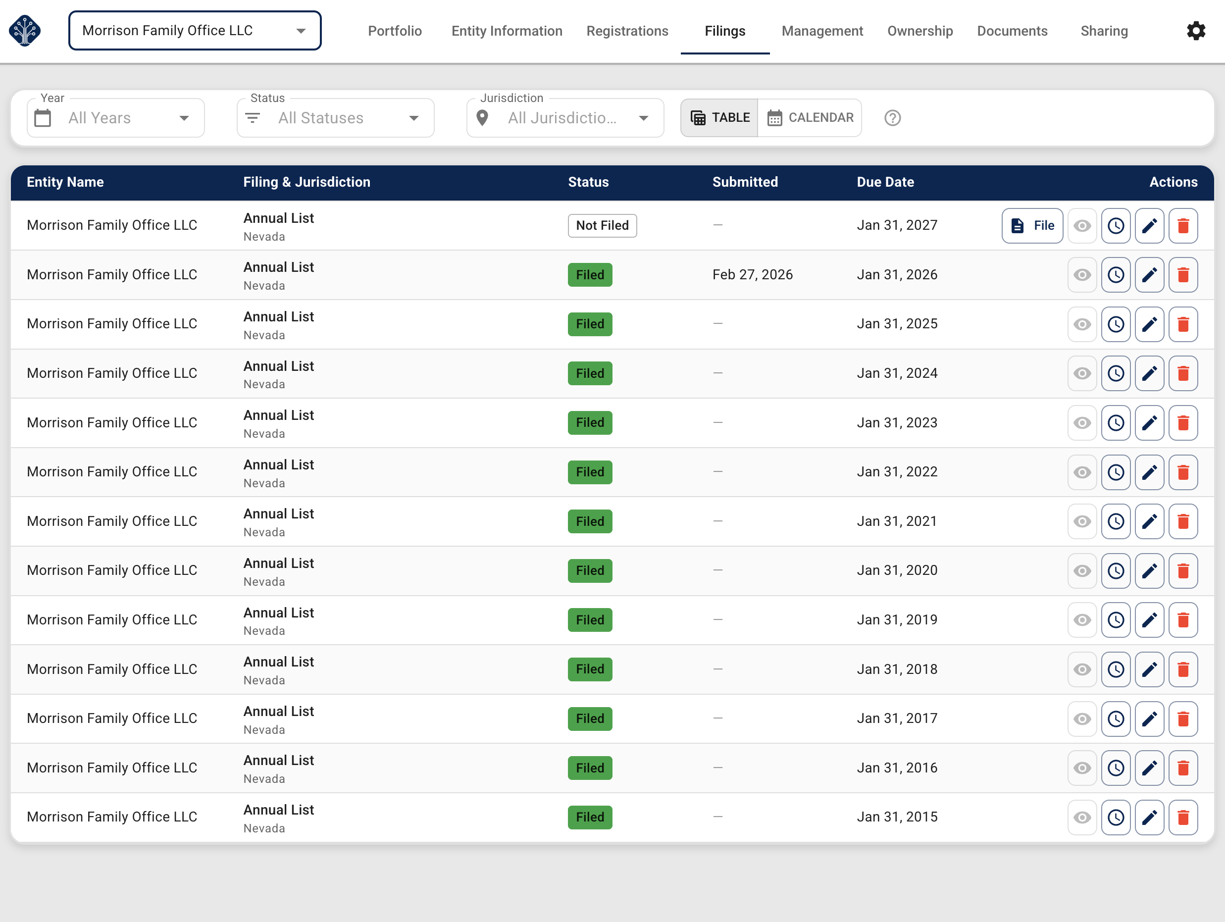 Equipath filings tracker showing annual list filing history with status and due dates